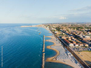 Fano city view from above, Marche region in Italy, summer