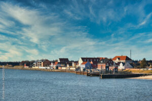 Nordby with ferry berth at the wadden sea island Fanoe, Denmark